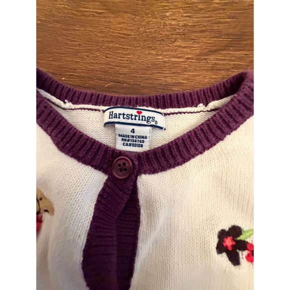 Hartstrings Girls Size 4 Cardigan Dog Applique Argyle Sweater Cream Burgundy - Picture 3 of 4